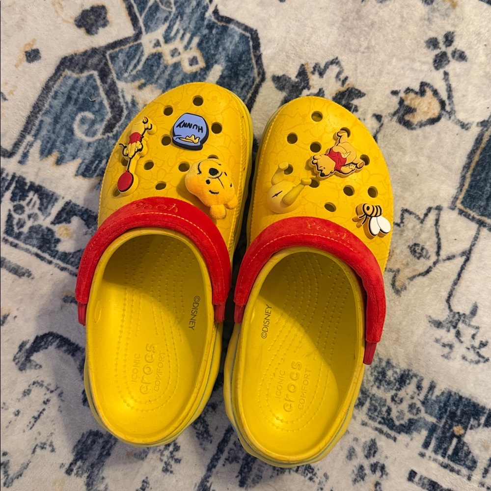 CROCS Yellow and Red Clogs with Pooh Bear Design
